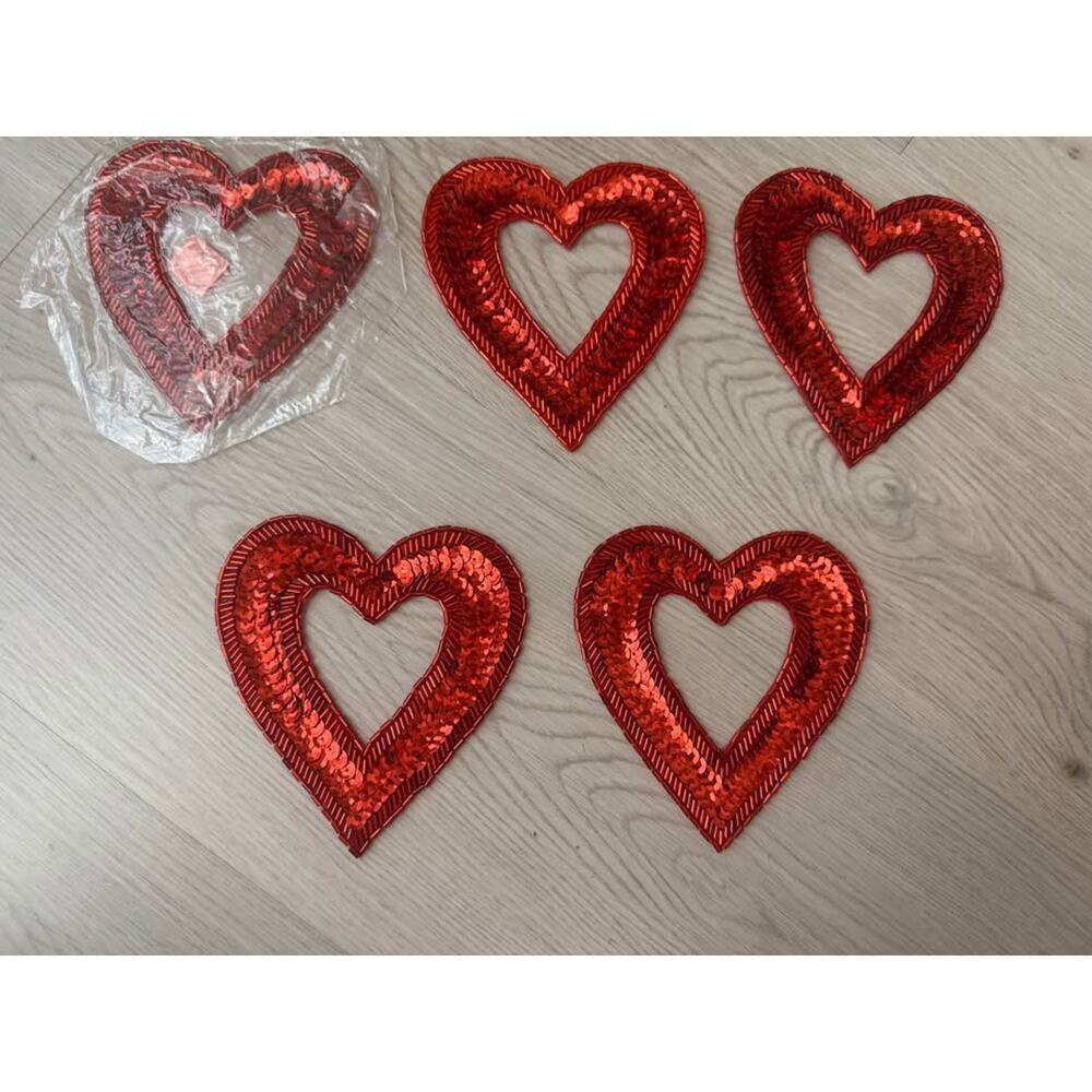 New Red Sequin Beaded Cut Out Heart Appliqué Patch 4.5”